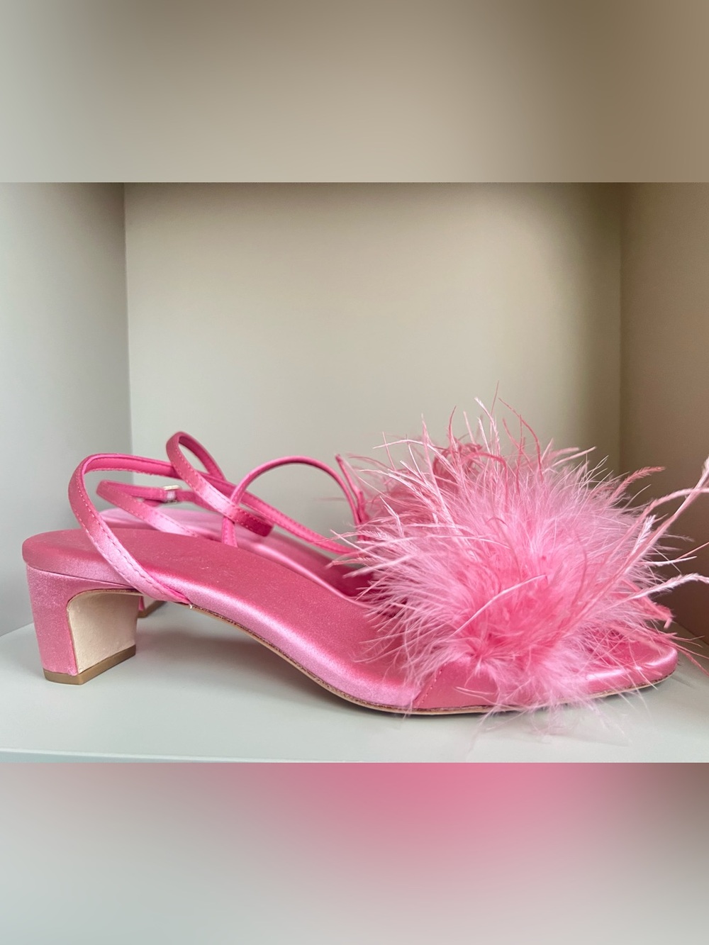 Loeffler Randall Pink Satin Feather Pom Block Heel Sandals